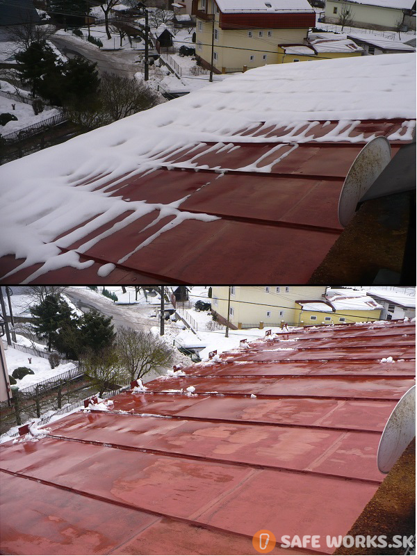 zhadzovanie snehu a ľadu z plechovej strechy pomocou výškových prác